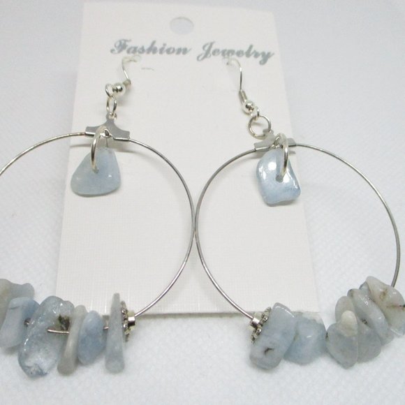 Women Hoop Stainless Steel Dangle Earrings with Natural Amazonite Chips - Picture 3 of 8